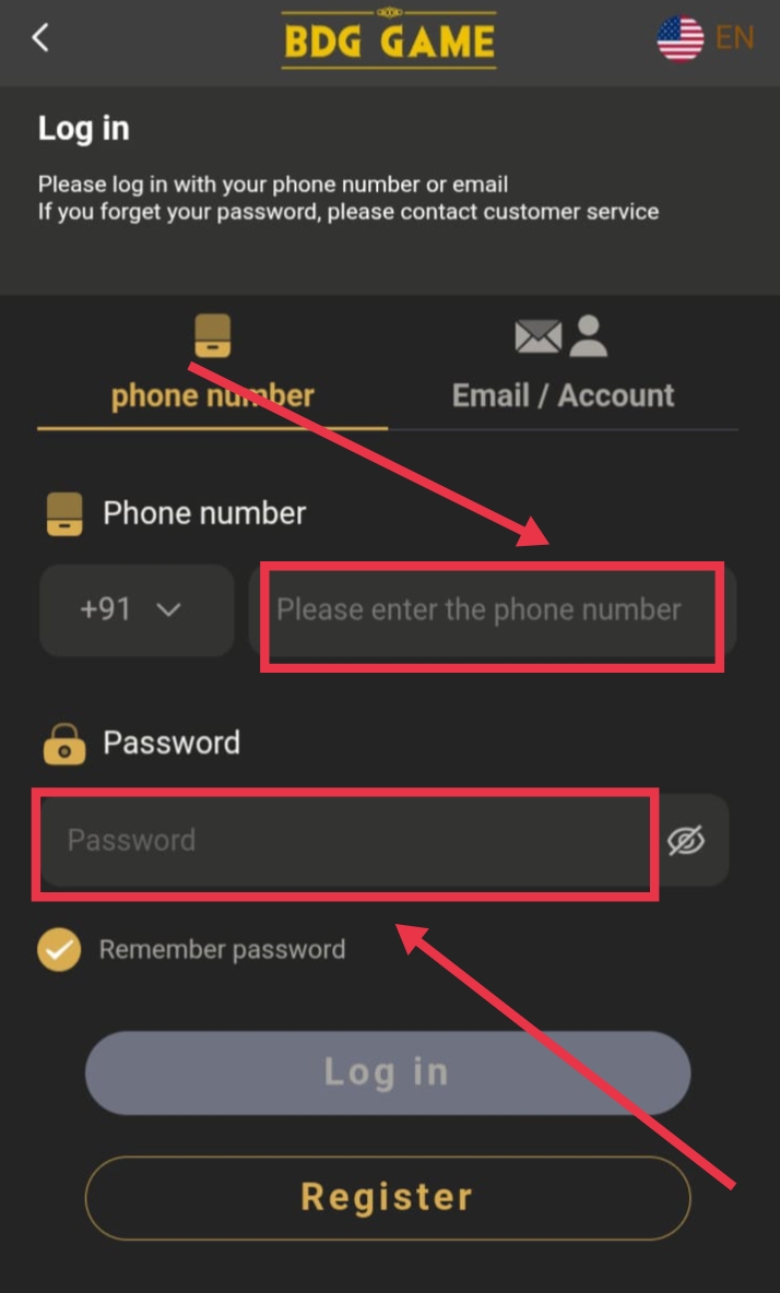 enter details for login in bdg win game