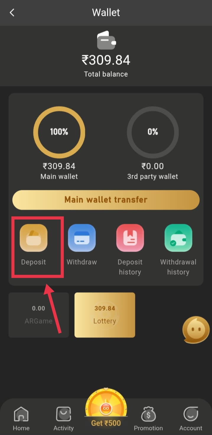 Choose deposit option and enter deposit amount