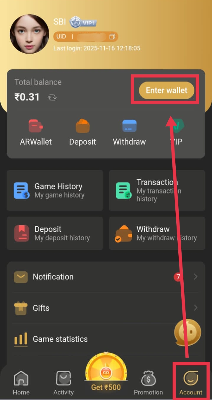 go to the BDG game wallet section